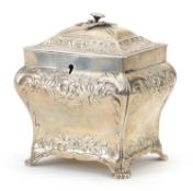 Antique Scottish silver tea caddy embossed with flowers and foliage, indistinct Glasgow hallmarks,