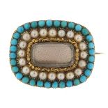 Antique unmarked gold pearl and turquoise mourning brooch, 2.9cm wide, 9.6g