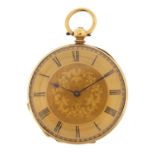 Continental 18ct gold pocket watch with chased case and ornate dial, engraved examined by Dent to