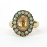 Georgian unmarked gold citrine and seed pearl ring, size M, 7.0g