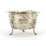George Nathan & Ridley Hayes, Victorian silver bowl embossed with hogs and swans, raised on three