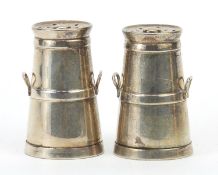 John Tongue, pair of Edwardian silver casters in the form of milk churns, Birmingham 1903, 4.8cm