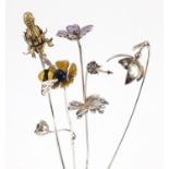 Sarah Jones, four contemporary 1980's silver flowers, two with enamel including a bumble bee and
