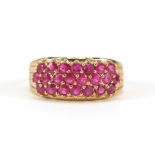 9ct gold ruby three row cluster ring, size N/O, 3.7g