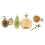 Antique jewellery including a 9ct gold open locket, ladies gold plated full hunter pocket watch case