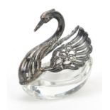 Novelty silver and cut glass swan table salt, stamped import marks to the wings, 7cm high, 86.2g