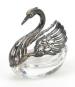 Novelty silver and cut glass swan table salt, stamped import marks to the wings, 7cm high, 86.2g
