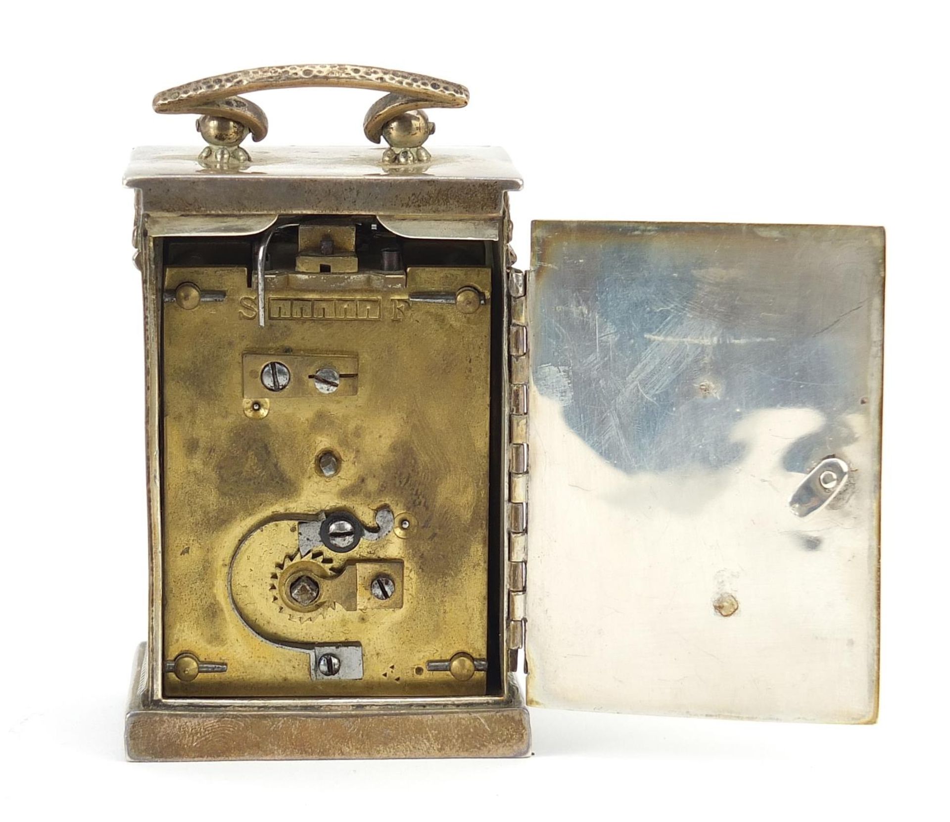 Tongue & Walker, George V silver cased carriage clock with enamelled dial and swing handle, - Image 3 of 6