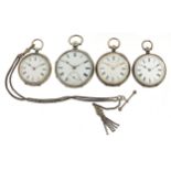 Four ladies silver open face pocket watches with enamelled dials and a Victorian silver watch chain,