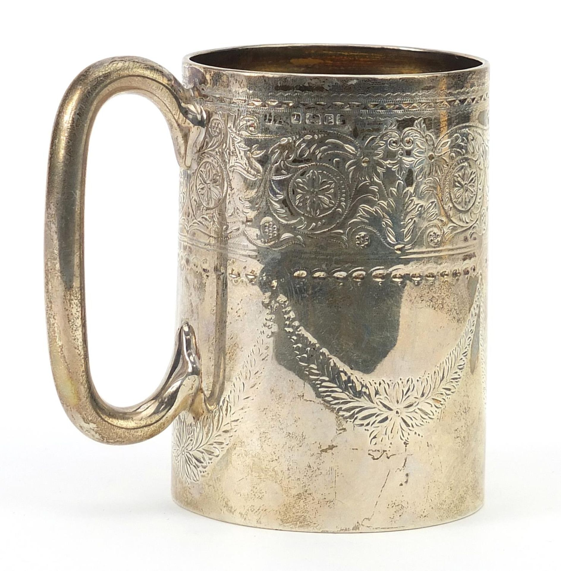 Atkin Brothers, Victorian silver tankard engraved with flowers and swags, Sheffield 1882, 9cm - Image 2 of 4