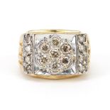 14ct two tone gold Champagne diamond ring, each diamond between 0.3 and 0.4ct each, size U/V, 12.6g