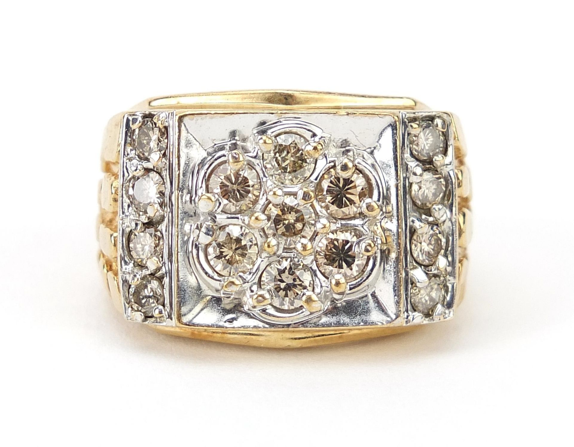 14ct two tone gold Champagne diamond ring, each diamond between 0.3 and 0.4ct each, size U/V, 12.6g