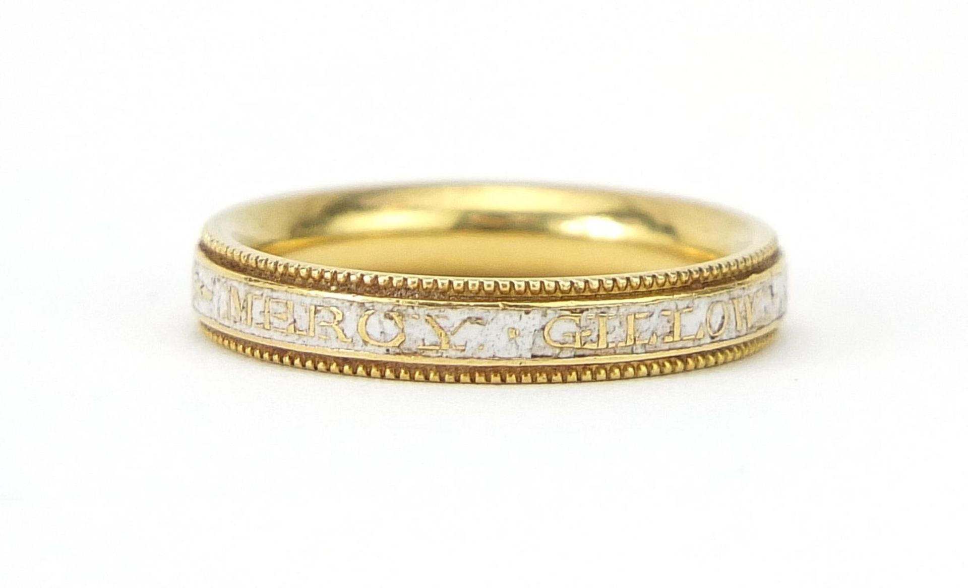 Antique 15ct gold white enamel mourning ring for Mercy Gillow, probably relating to furniture makers