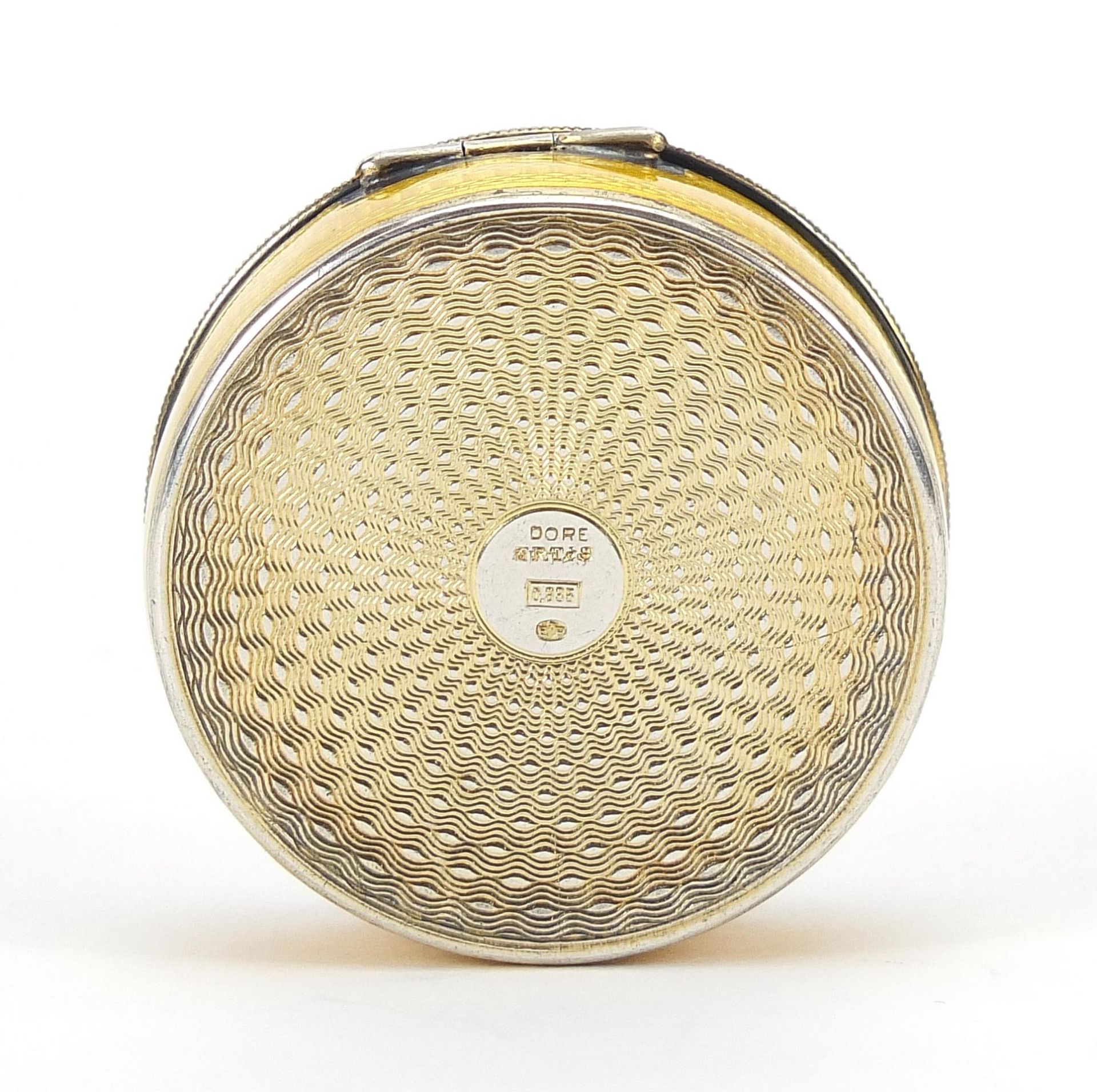 Continental 935 silver and yellow guilloche enamel pill box with hinged lid and mirrored interior, - Image 5 of 6