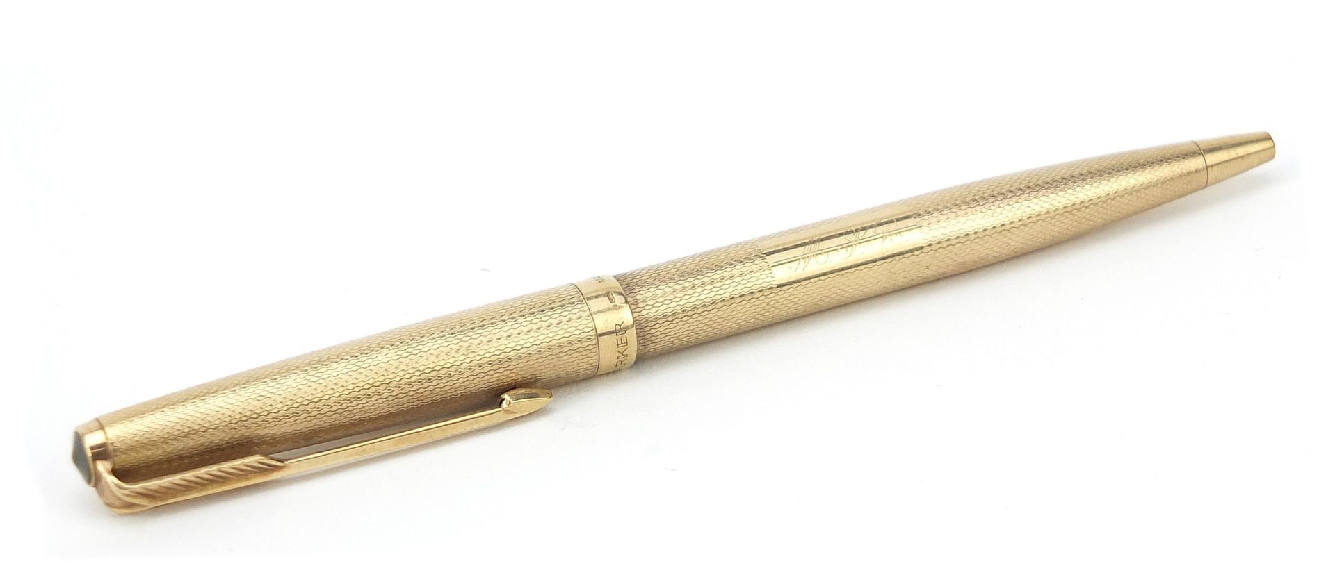 Parker, 9ct gold cased Biro pen with engine turned body, 12.8cm in length, 18.5g - Image 2 of 5