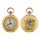 18ct gold ladies open face enamelled and diamond set pocket watch with ornate dial, the case back