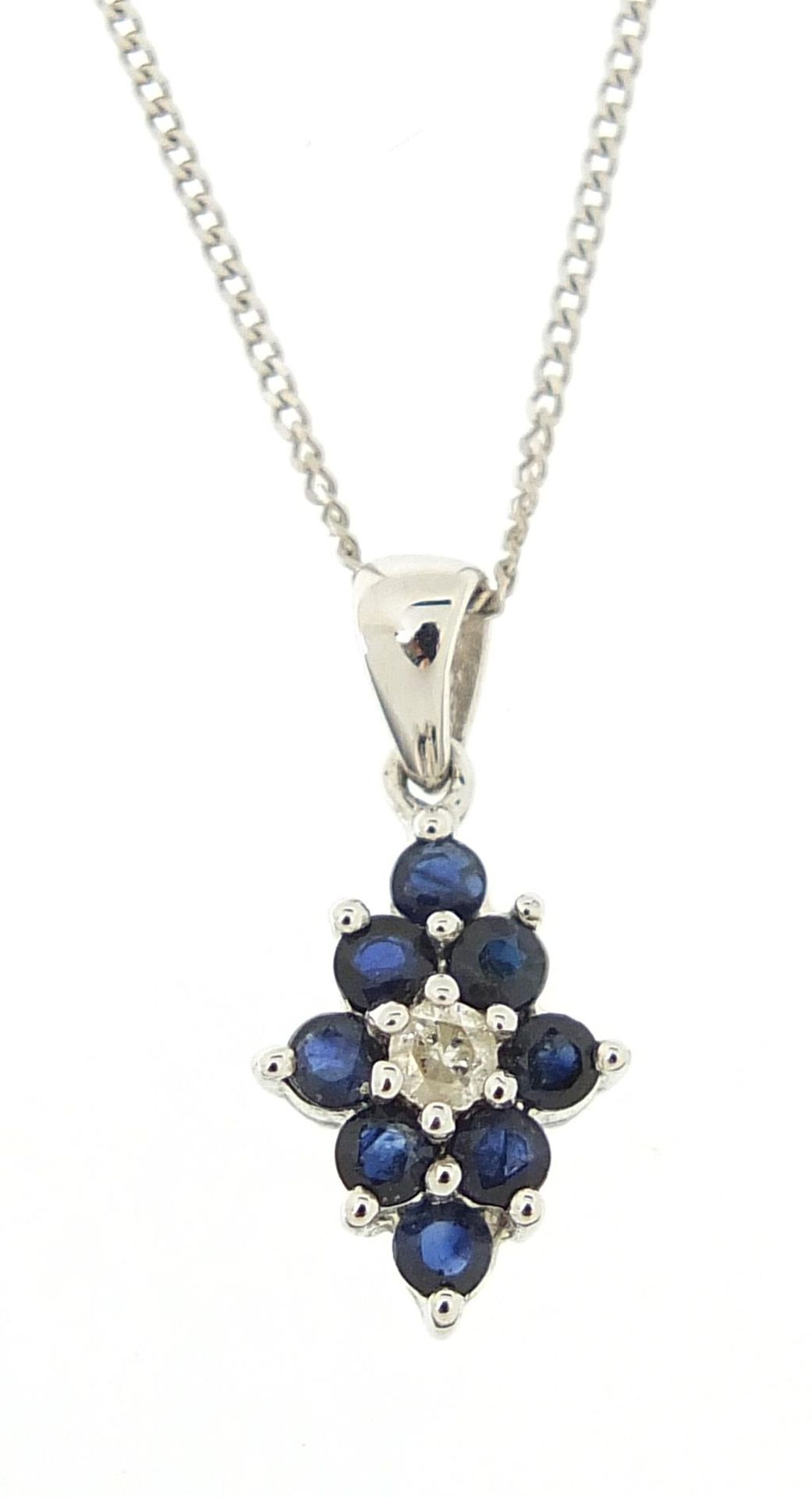 9ct white gold sapphire and diamond pendant on a 9ct white gold necklace, 1.5cm high and 45cm in