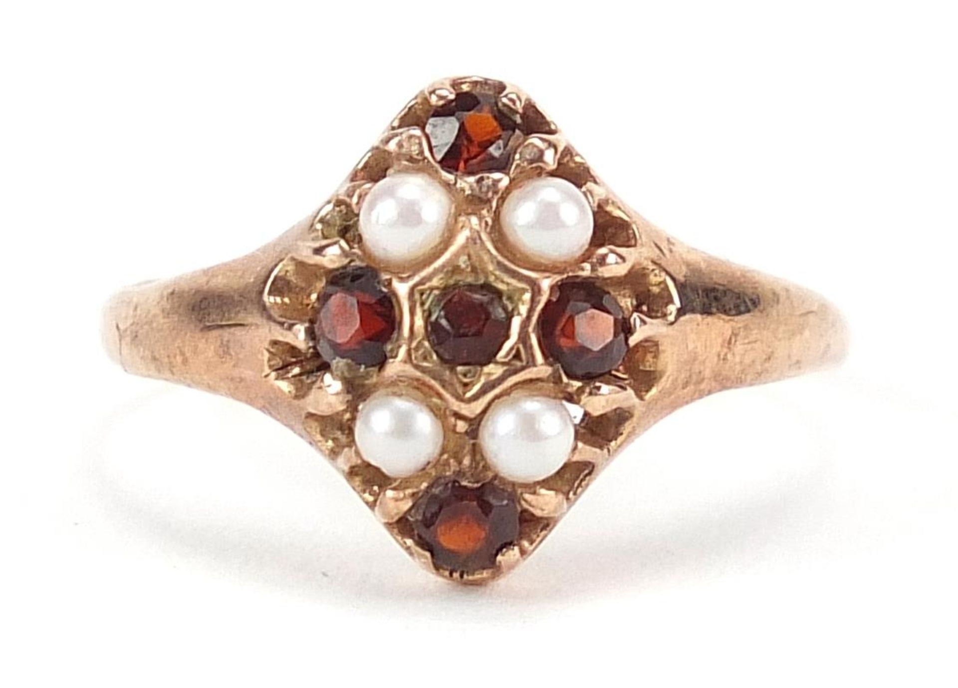 Antique 9ct gold garnet and seed pearl cluster ring, size M, 1.8g