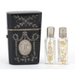 18th century tortoiseshell and silver piquet work scent bottle etui housing two glass scent