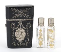 18th century tortoiseshell and silver piquet work scent bottle etui housing two glass scent