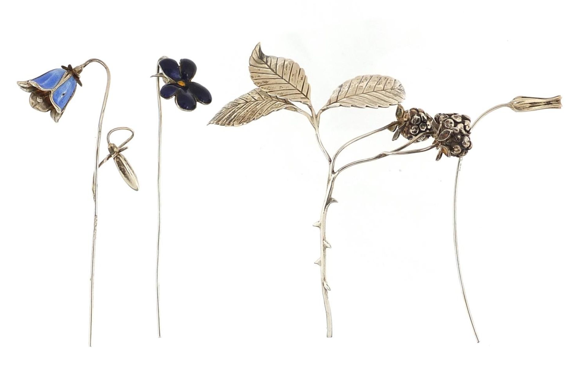 Sarah Jones, four contemporary 1980's silver flowers, two with enamel including blackberries and - Image 2 of 4