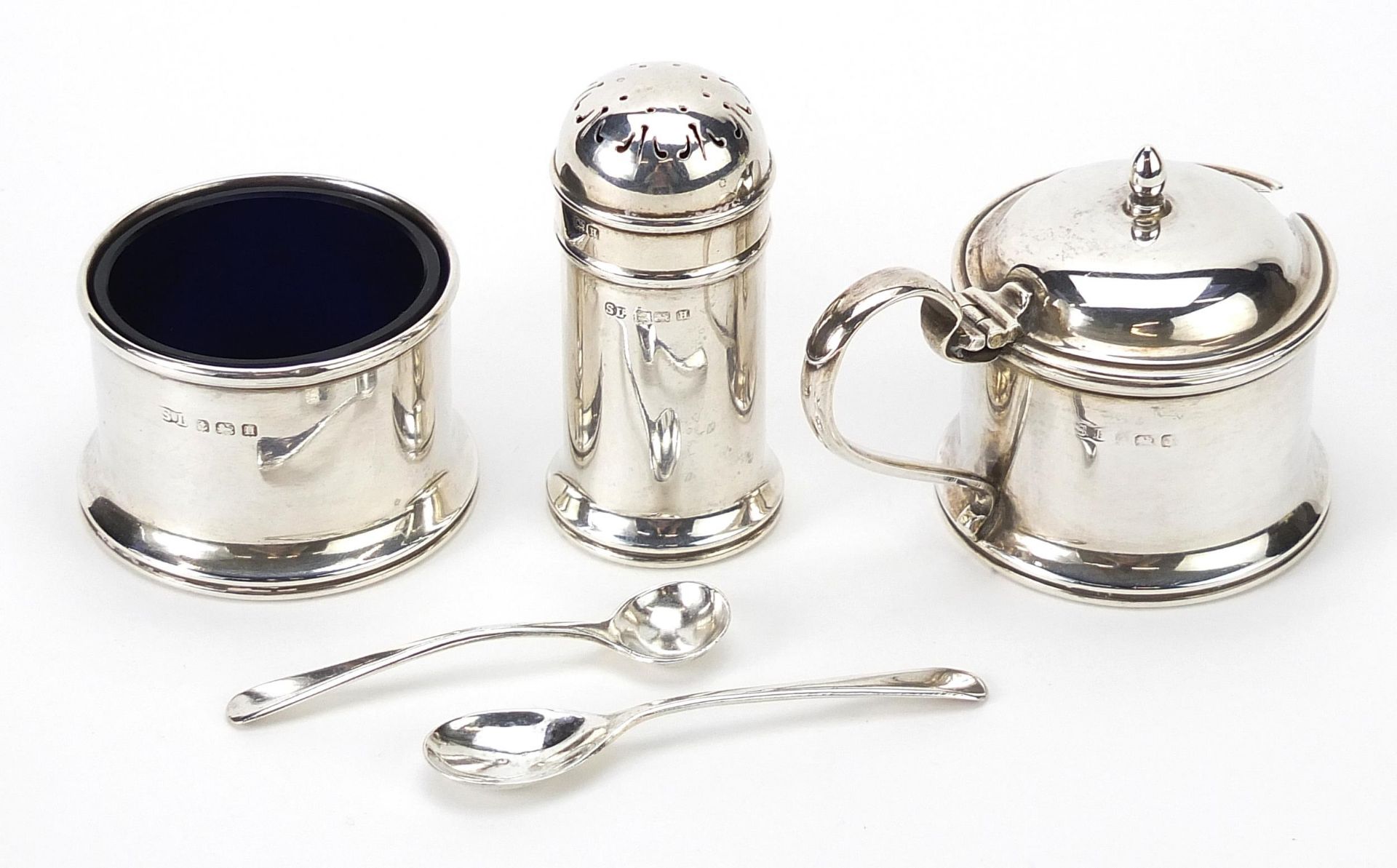 William Suckling Ltd, George V silver three piece cruet with blue glass liners, Birmingham 1932, the - Image 2 of 5