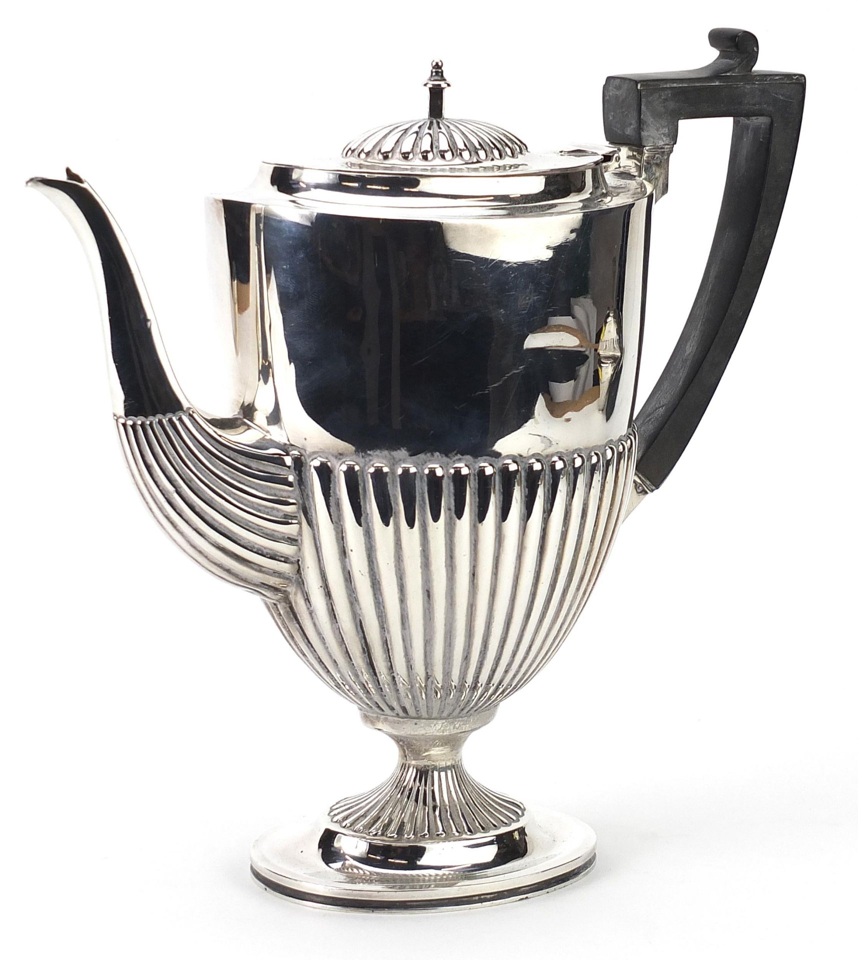 C S Harris & Sons Ltd, Edwardian silver demi fluted coffee pot with ebonised handle, retailed by