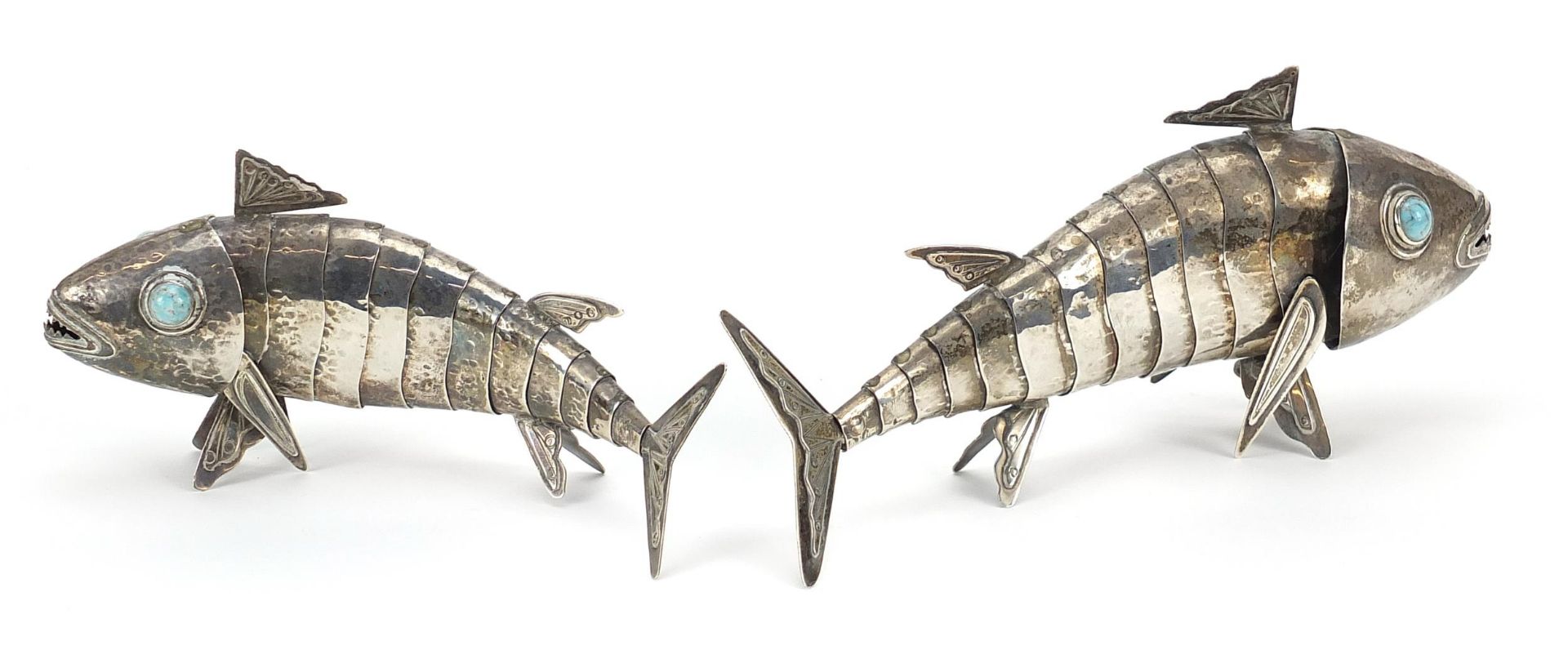 Graziella Laffi, two Peruvian articulated silver fish with turquoise eyes, 19cm and 17cm in - Image 2 of 4