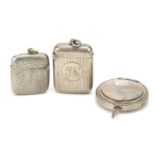 Two rectangular silver vestas and a circular silver compact engraved Lodge Marine, various