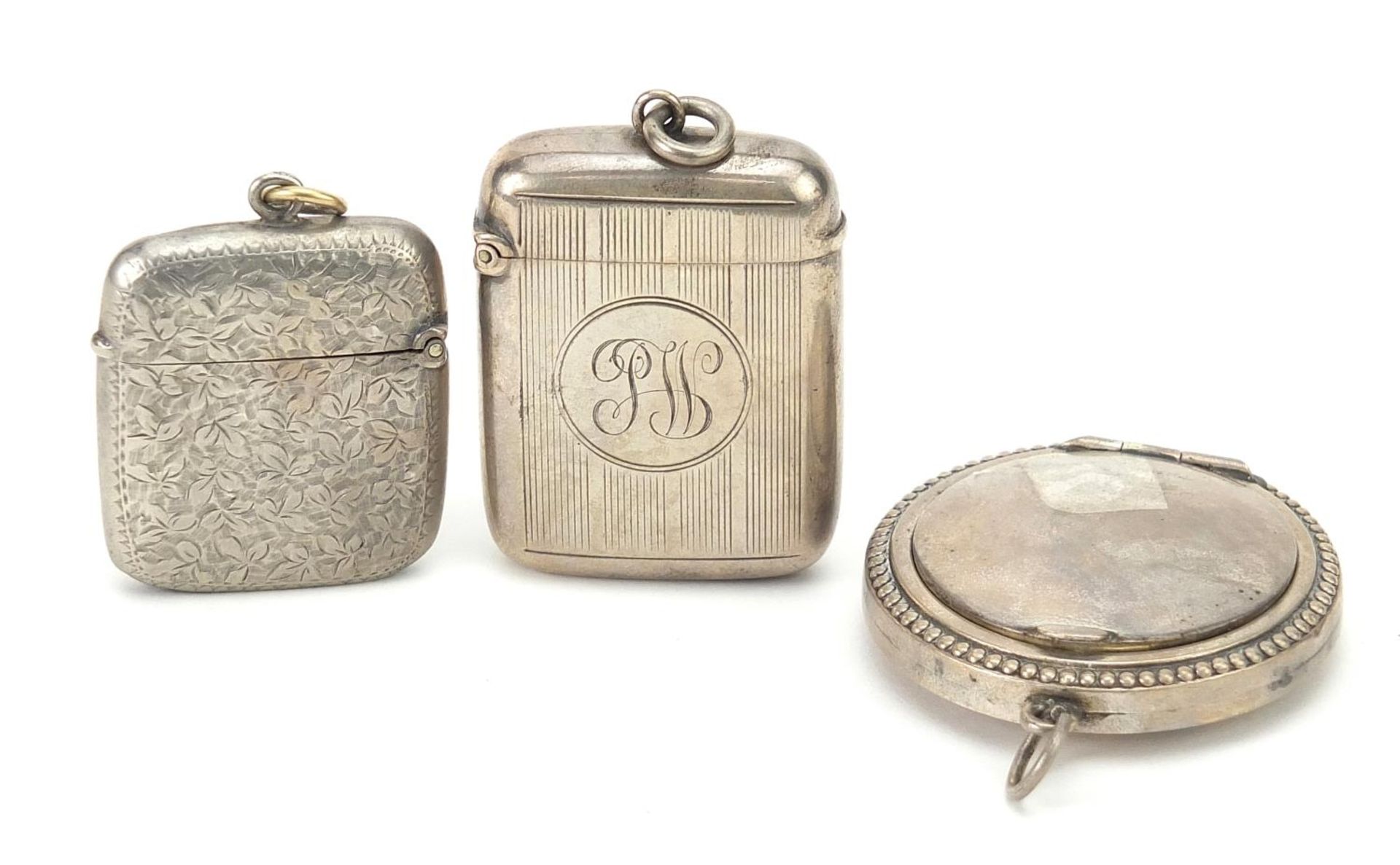 Two rectangular silver vestas and a circular silver compact engraved Lodge Marine, various