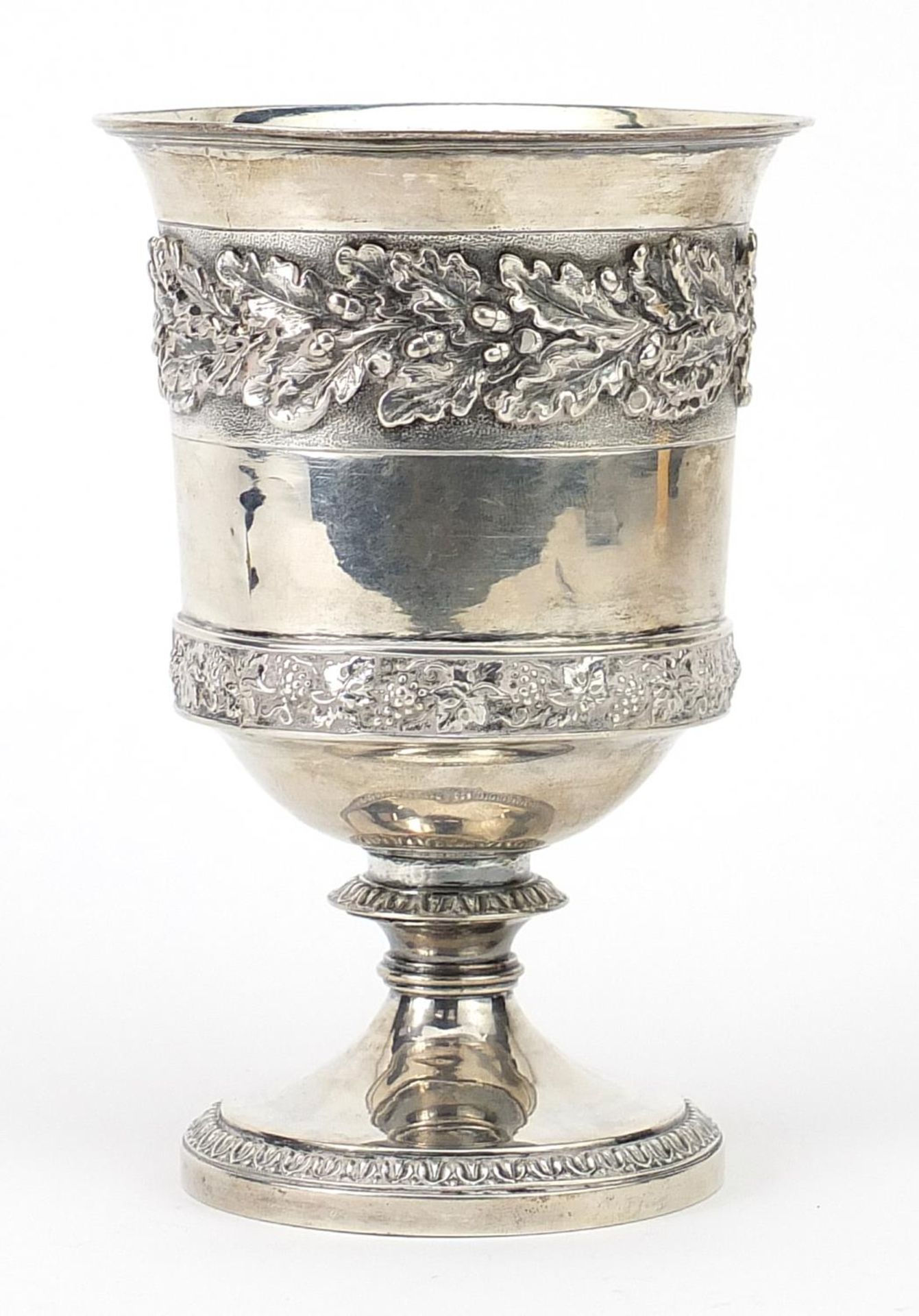 George IV silver chalice cast with acorns with leaves and grapes on vines, inset with an Elizabeth I - Image 2 of 5