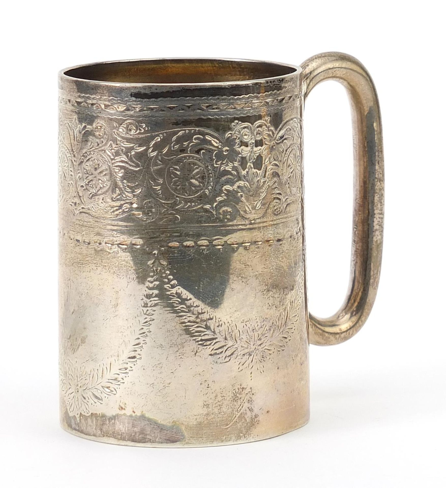 Atkin Brothers, Victorian silver tankard engraved with flowers and swags, Sheffield 1882, 9cm