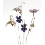 Sarah Jones, five contemporary 1980's silver flowers, three with enamel, various London hallmarks,