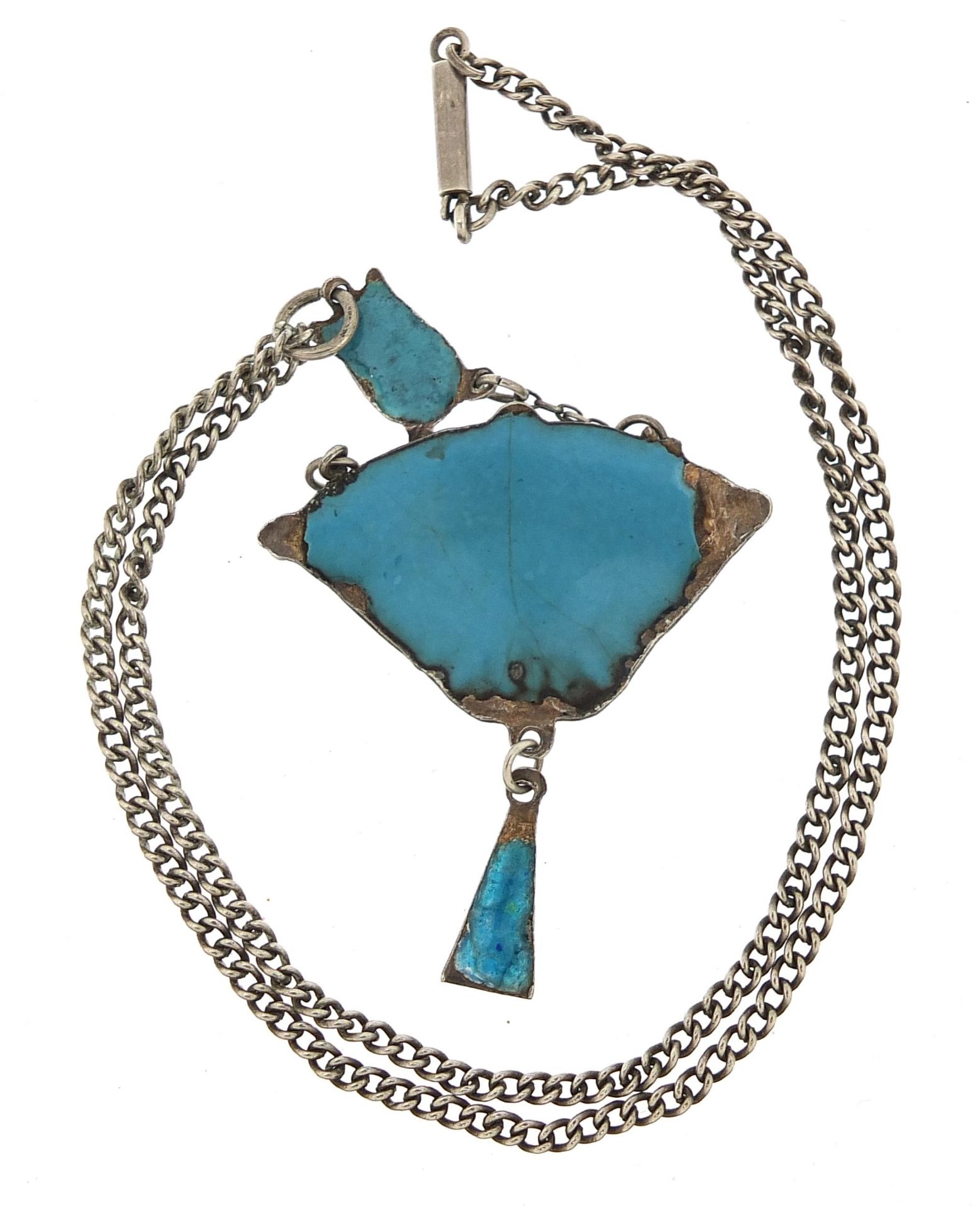 Art Nouveau unmarked silver and enamel pendant on a silver necklace, 7cm high and 38cm in length, - Bild 3 aus 3