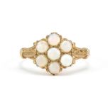 9ct gold opal cluster ring with engraved shoulders, size N/O, 2.2g