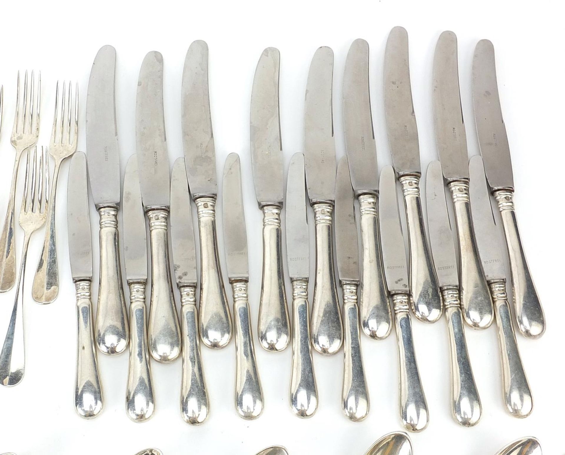 German silver cutlery including tablespoons, knives with steel blades, forks and teaspoons, the - Image 3 of 6