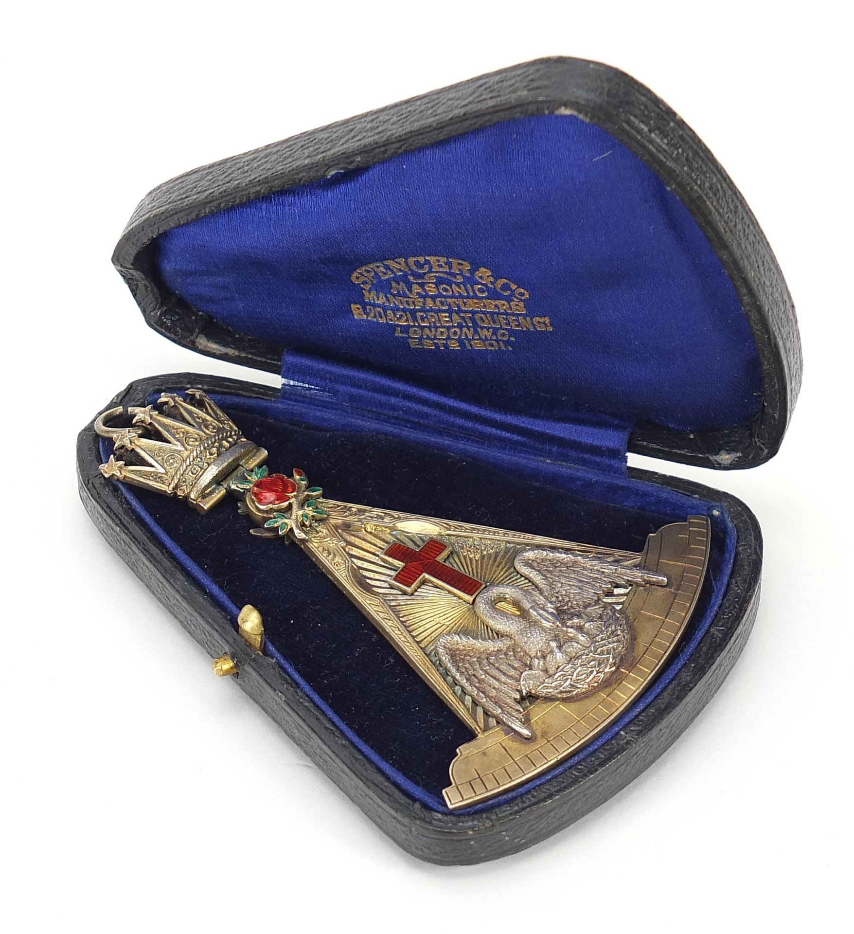 Masonic Rose Croix silver gilt and enamel 18th Degree Collar Jewel, housed in a fitted Spencer & - Image 4 of 5