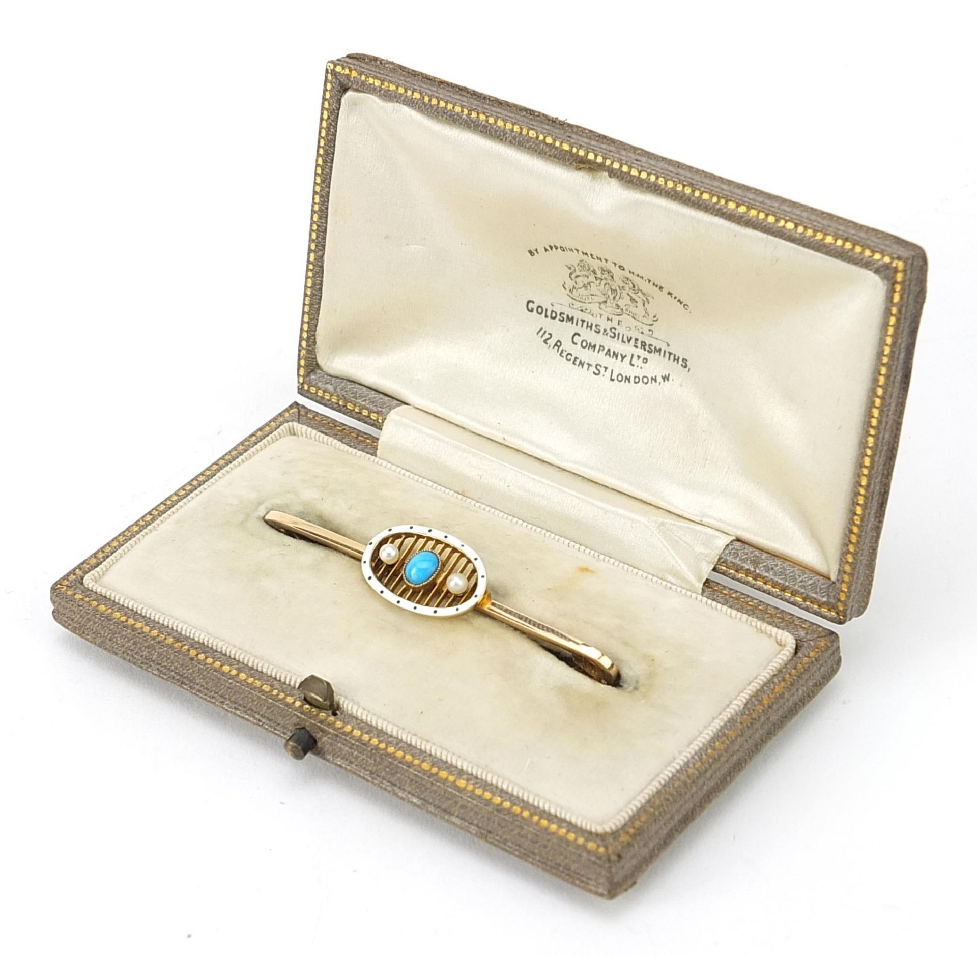 15ct gold turquoise, seed pearl and white enamel bar brooch, housed in a Goldsmiths & Silversmiths - Image 4 of 5