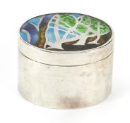 Oval silver box and cover enamelled with stylised trees, JASSO makers mark, London 2000, 5cm high