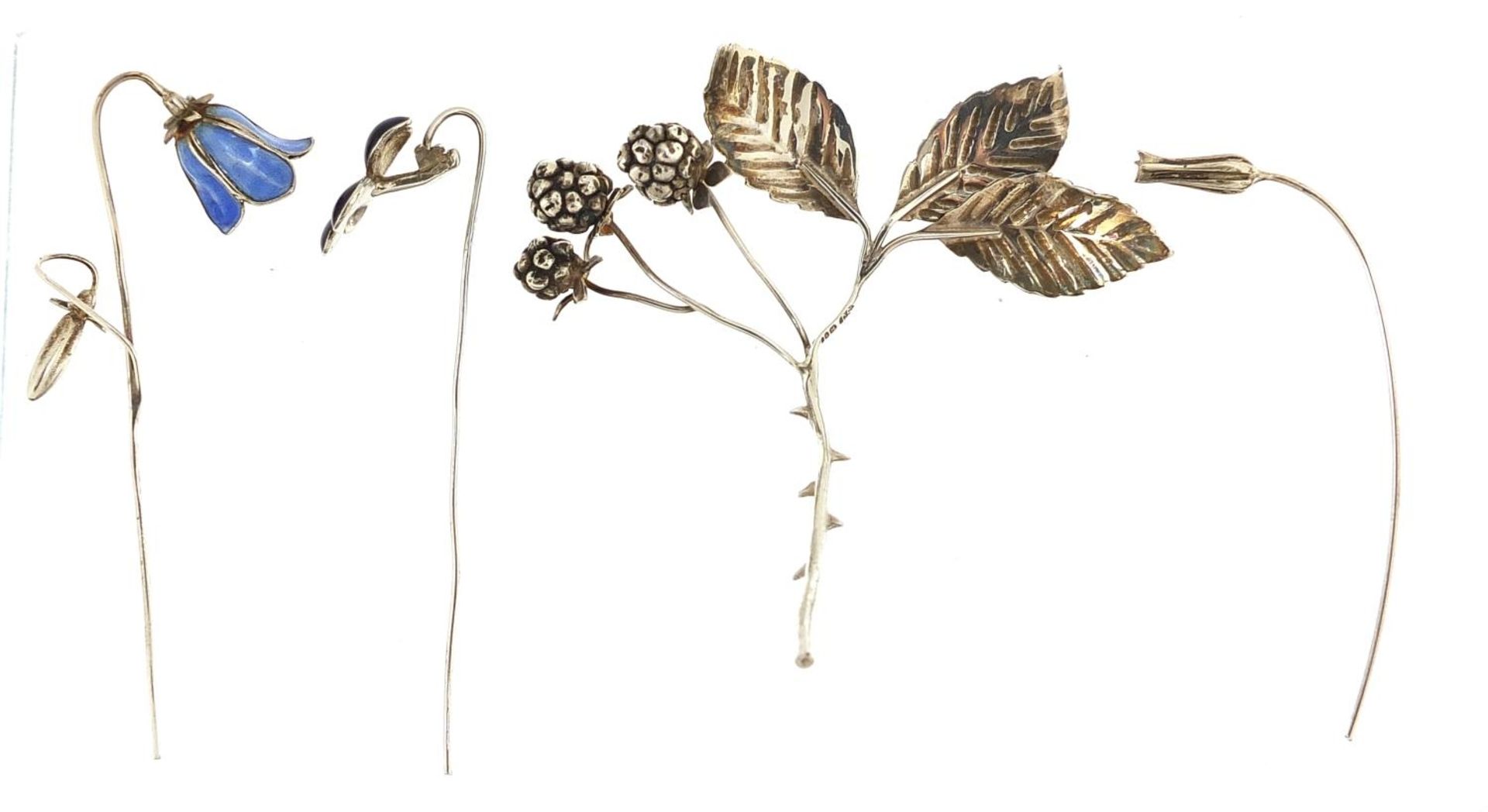 Sarah Jones, four contemporary 1980's silver flowers, two with enamel including blackberries and - Image 3 of 4