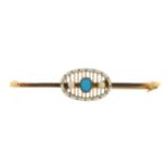 15ct gold turquoise, seed pearl and white enamel bar brooch, housed in a Goldsmiths & Silversmiths