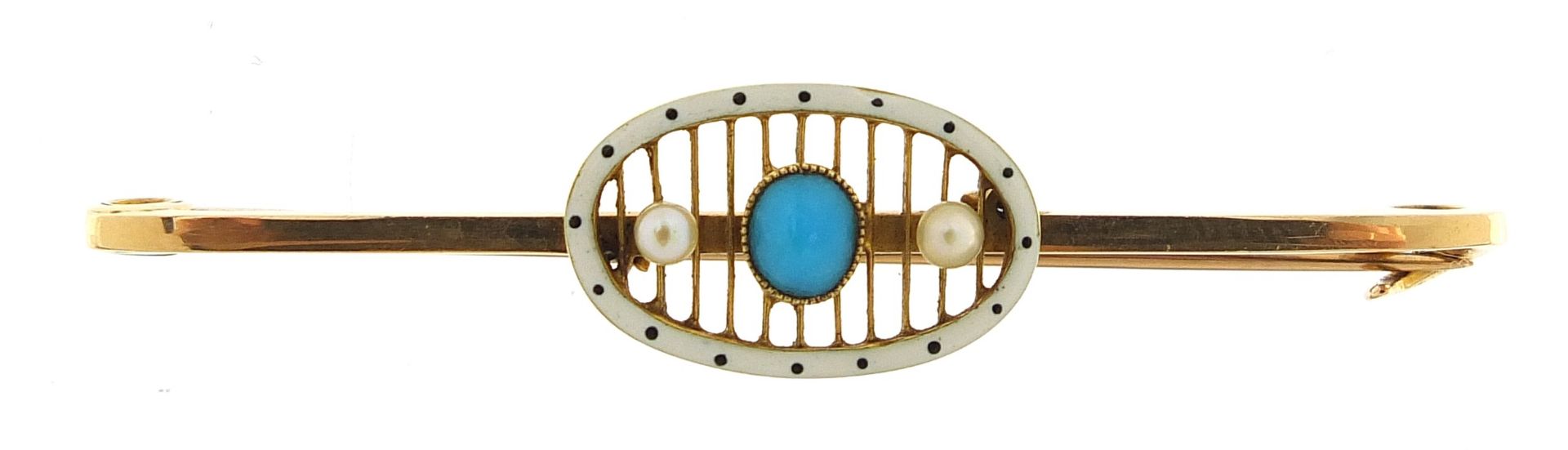 15ct gold turquoise, seed pearl and white enamel bar brooch, housed in a Goldsmiths & Silversmiths