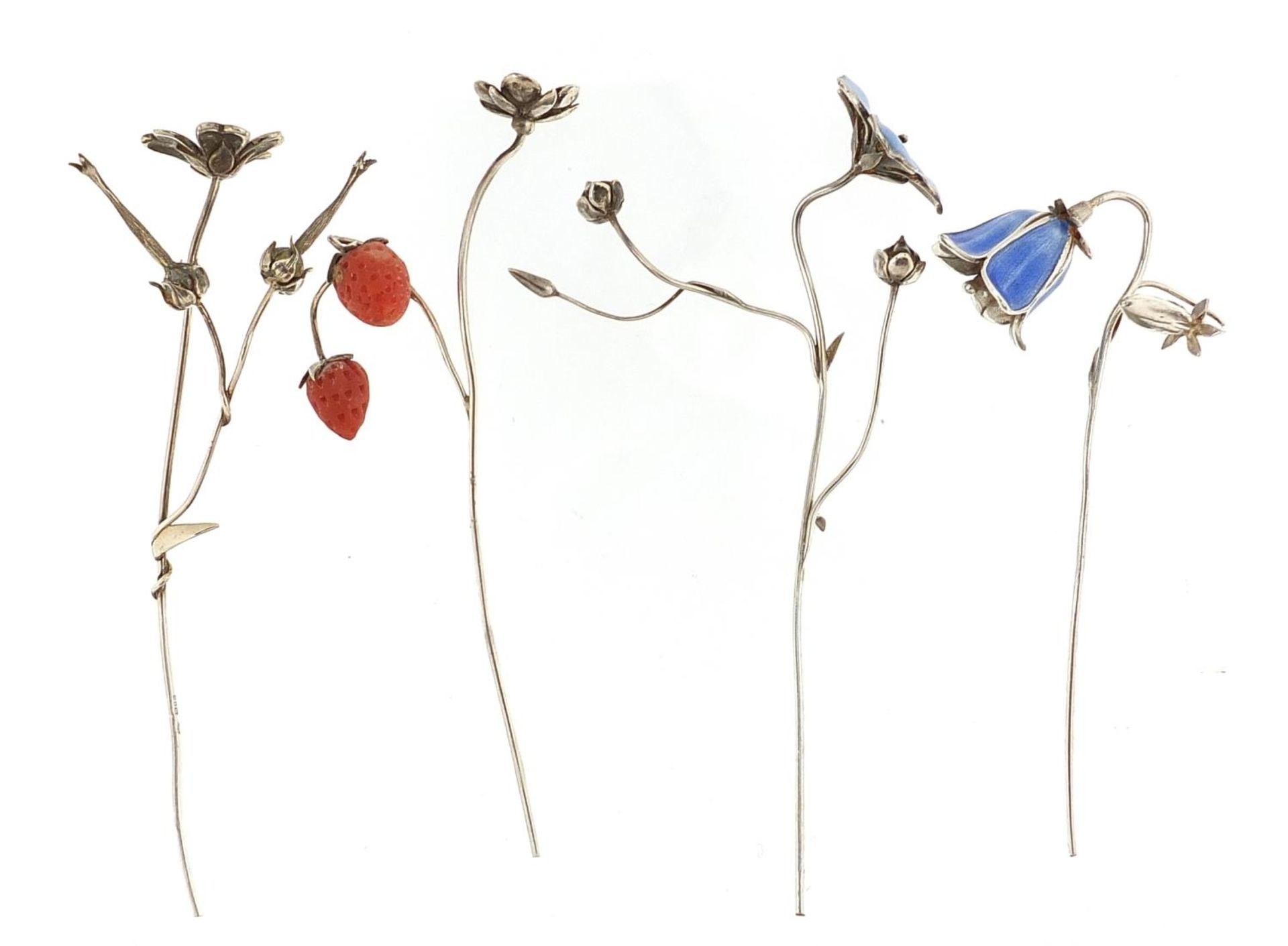 Sarah Jones, four contemporary 1980's silver and enamel flowers, including a bluebell and - Image 2 of 4
