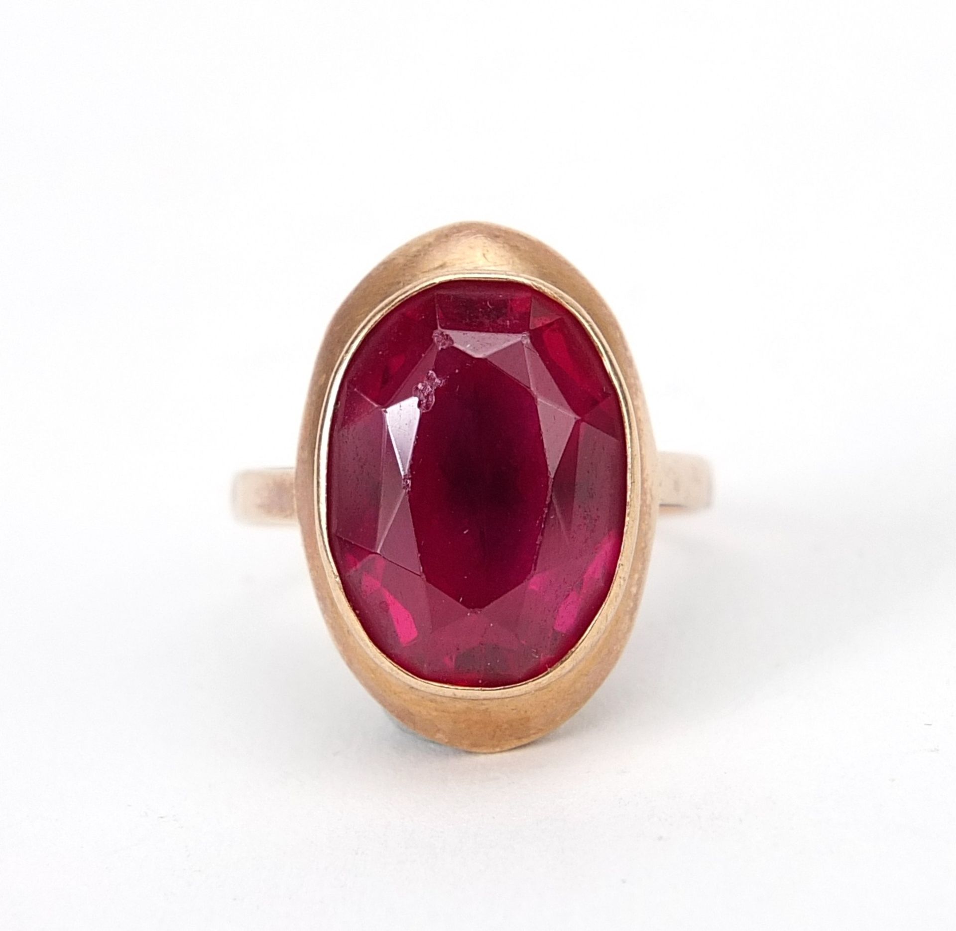 Russian 15ct gold pink stone ring, (tests as ruby) size Q, 5.6g