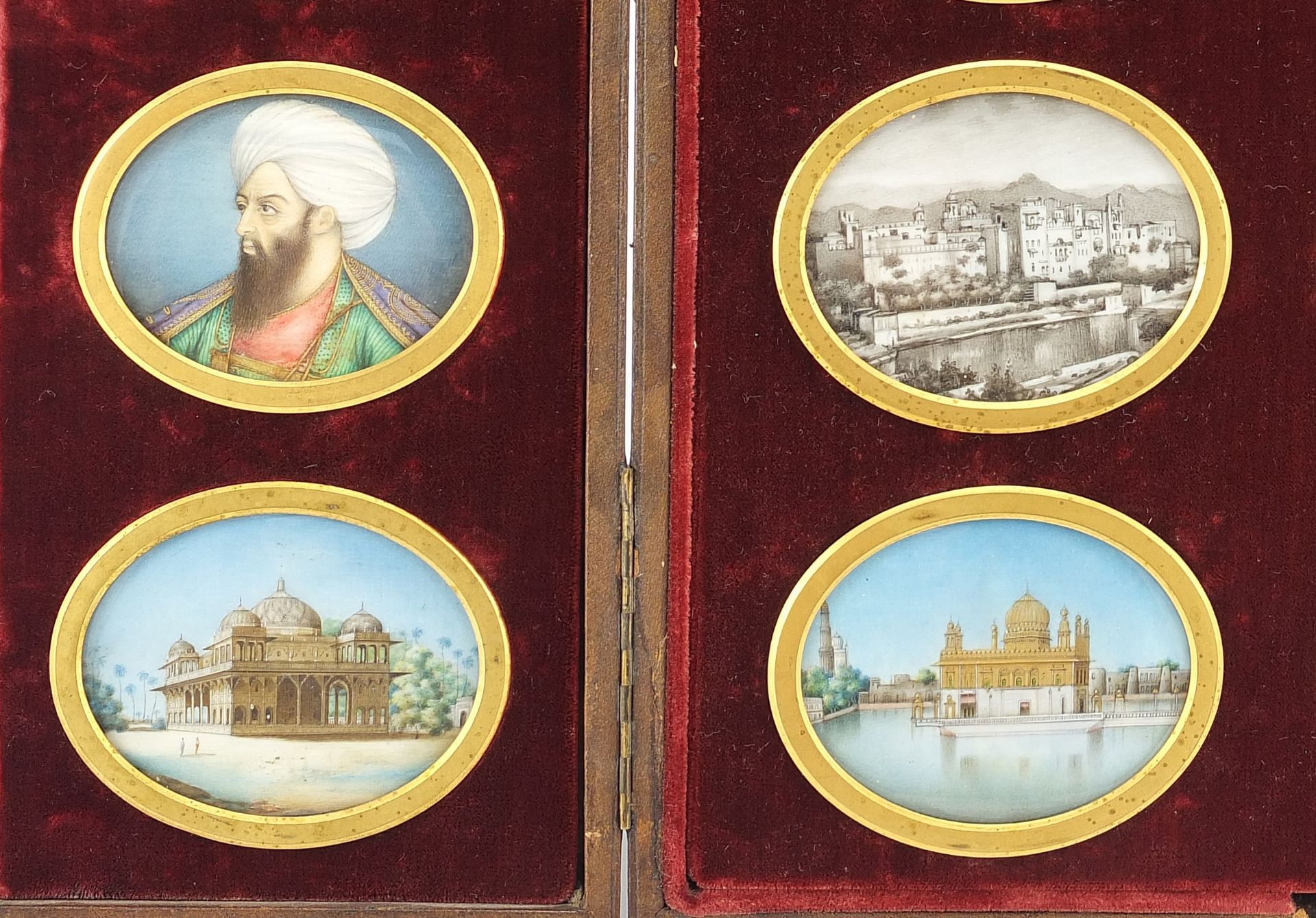 Sixteen Indian Mughal oval portrait miniatures hand painted onto ivory of temples and - Image 4 of 7