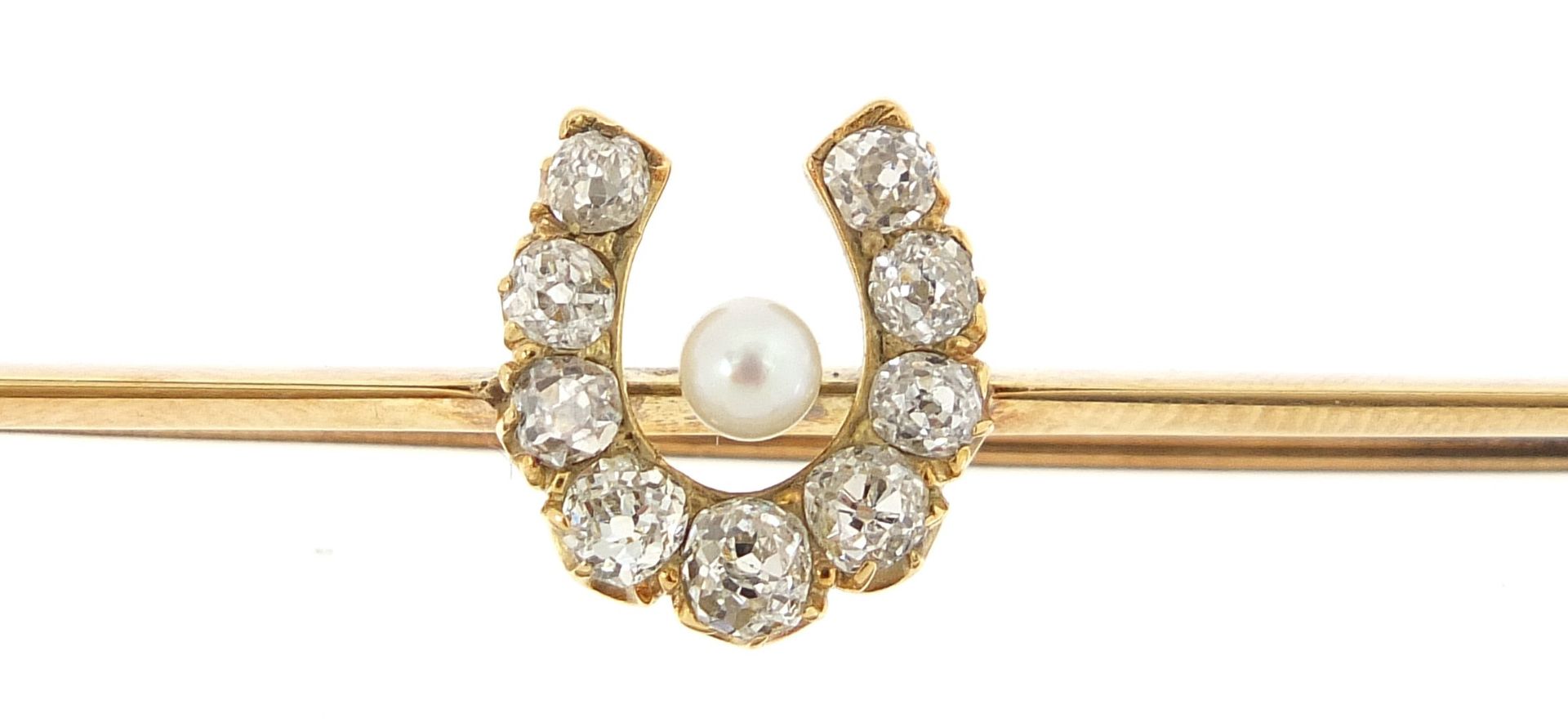 Unmarked gold diamond and pearl horseshoe bar brooch, the largest diamond approximately 0.11ct, - Image 2 of 6