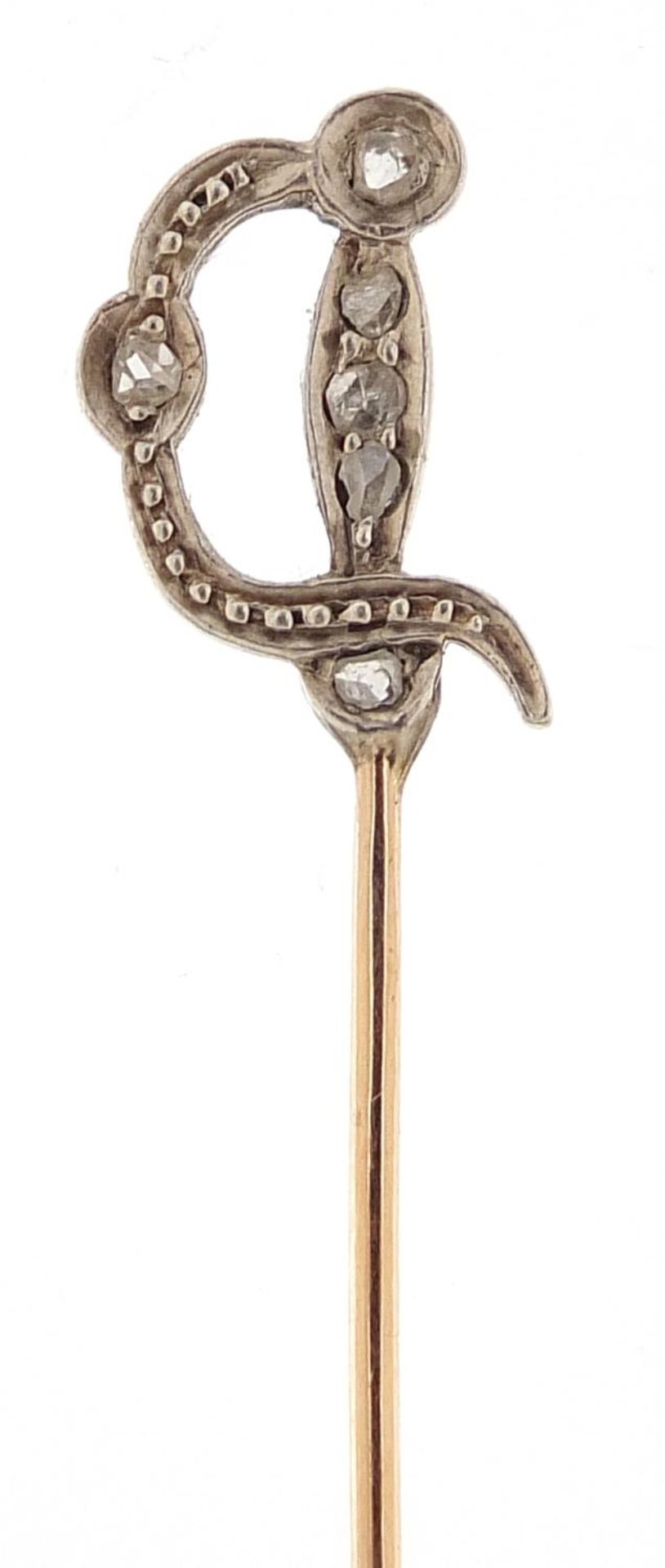 Antique unmarked gold diamond stick pin in the form of a sword, 6.5cm in length, 1.3g - Bild 2 aus 3