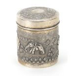 Anglo Indian sterling silver cylindrical pot and cover embossed with figures, cattle and