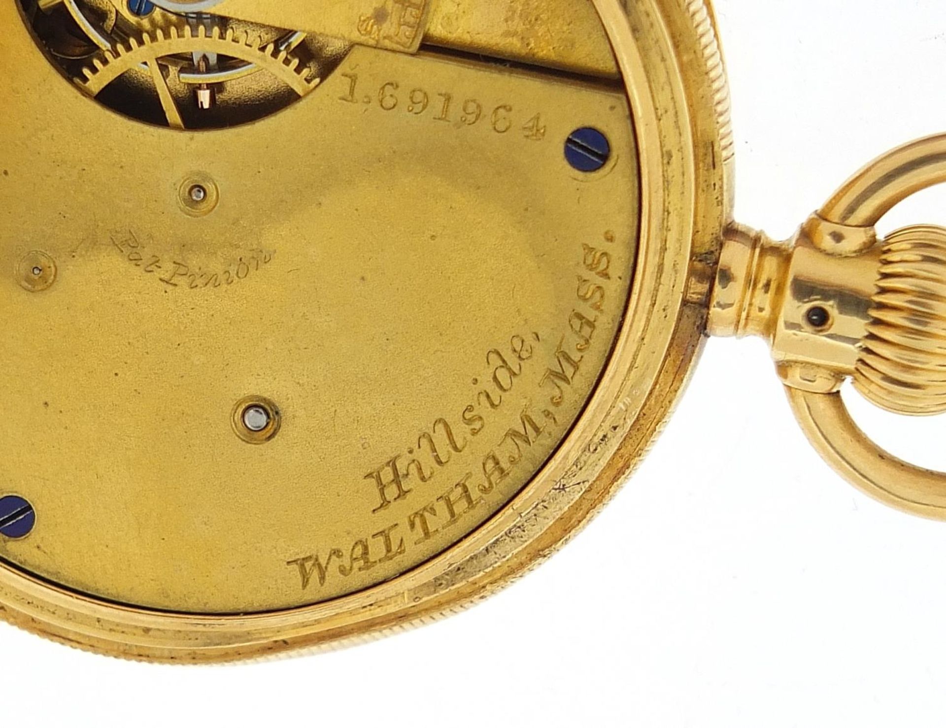 Waltham Mass, gentlemen's 18ct gold open face pocket watch with enamelled dial, the movement - Image 3 of 8