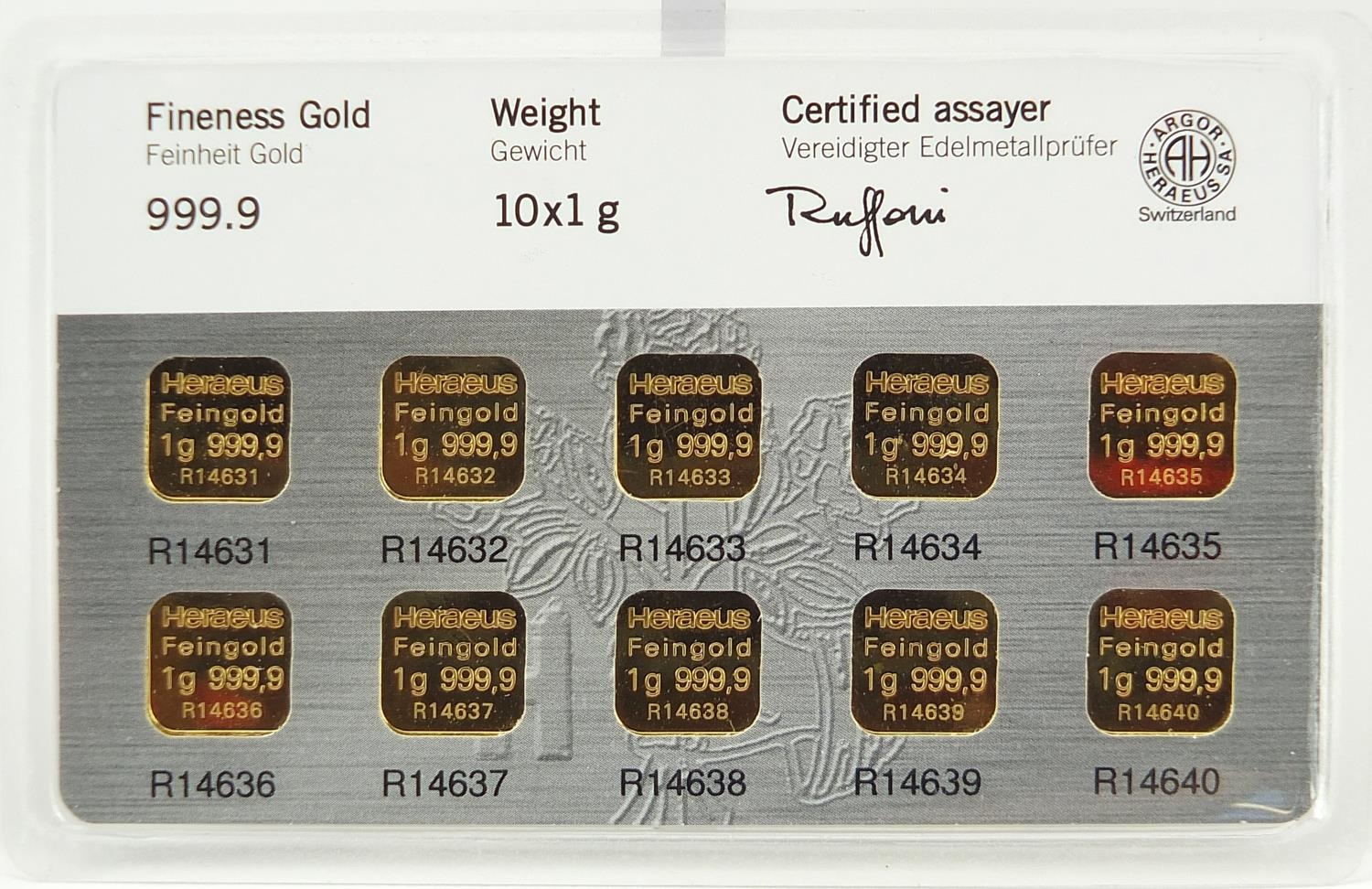 Set of ten Heraeus 1g 999.9 fine gold ingots - this lot is sold without buyer?s premium, the - Image 4 of 4